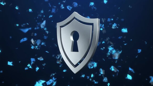 3d silver shield with keyhole rotating on dark navy background for security and cyber protection concept