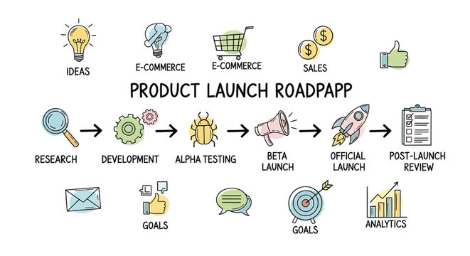 Product launch roadmap infographic, business process vector, e-commerce strategy, marketing plan illustration