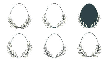 Collection of six decorative egg-shaped frames embellished with delicate hand-drawn leafy wreaths and berries.
