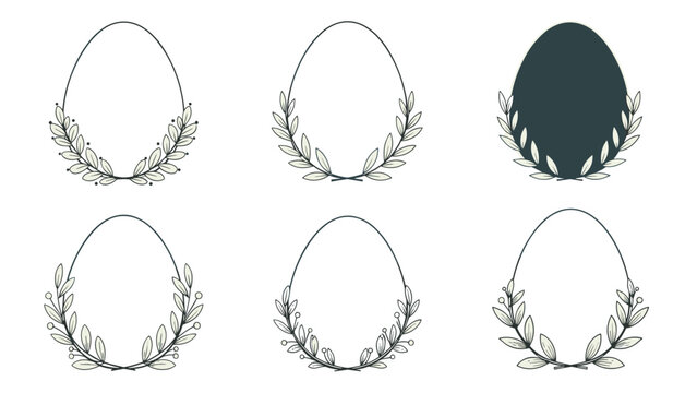 Collection of six decorative egg-shaped frames embellished with delicate hand-drawn leafy wreaths and berries.