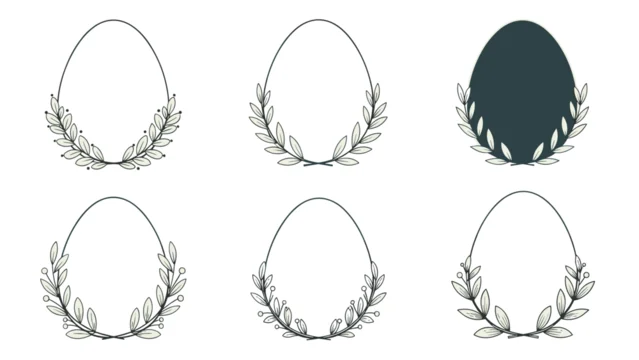 Collection of six decorative egg-shaped frames embellished with delicate hand-drawn leafy wreaths and berries.