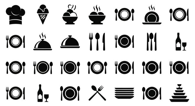 Restaurant Food and Drink Icons in Black and White for Design Assets
