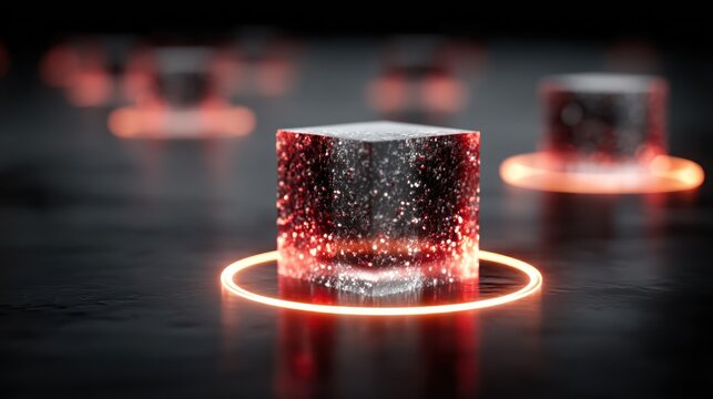 Futuristic glowing cube with particles in a dark, atmospheric environment