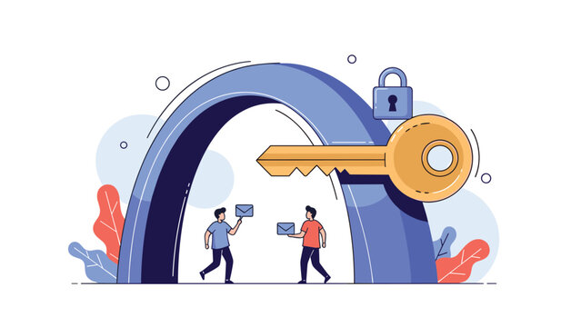 People exchanging messages and information through a giant blue arch with a golden key and lock for security.