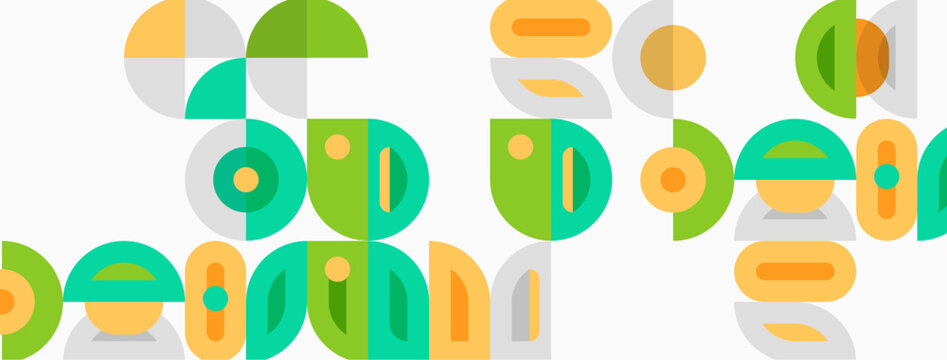 Abstract geometric shapes overlap, creating playful composition. Colors include green, orange, yellow, gray. Minimalist design, modern aesthetic.