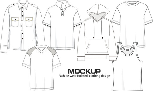 Set Apparel mockup Sketsa, Mockup drawing, Round Neck, V Neck, polo shirts, tees, T -shirts, cargo pants, Tank Top, Long Sleeve, Dress Shirt, Jacket, sweter.
Vector Apparel Mockups Collection Men's T-