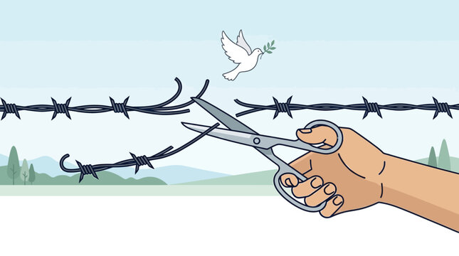 Hand Cutting Barbed Wire Fence with Scissors.