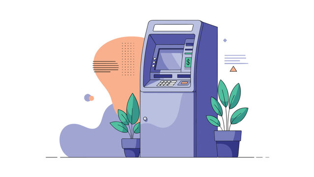 Modern automated teller machine standing in an office environment with decorative indoor plants in the background.