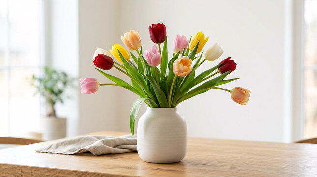 Vase avec bouquet de tulipes color&eacute;es