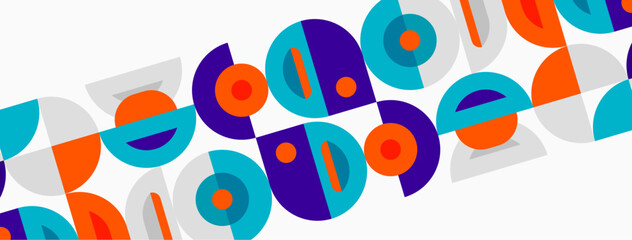 Fototapeta premium Abstract geometric pattern. Circles, arcs, shapes repeat diagonally across white background. Modern design elements present.