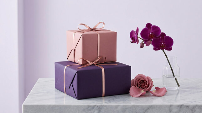 Cadeaux empil&eacute;s avec d&eacute;coration florale