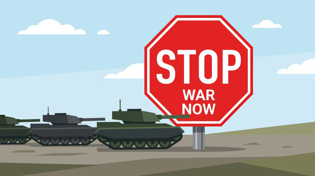 Military Tanks Approaching a Stop War Sign in a Desert Landscape.