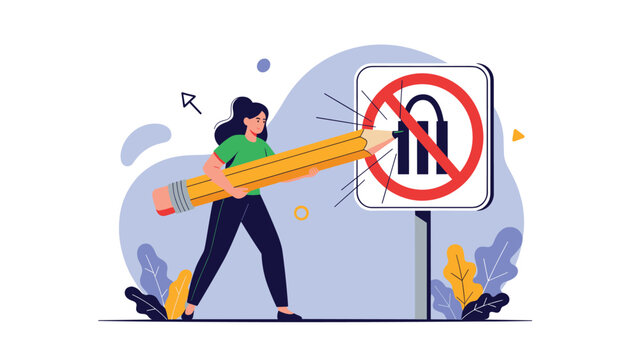 Strong woman using a giant pencil to modify or erase a red prohibition sign containing a black generic symbol.