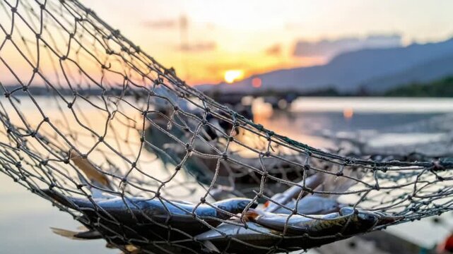 Freshly caught fish in a fishing net at sunset over a serene lake