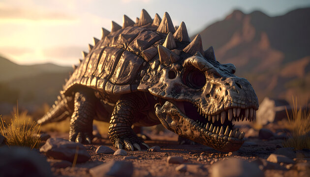 A gigantic prehistoric reptile with a giant Galapagos tortoise shell rests like a Jurassic beast on the beach in this 3d render of a big isolated nature monster