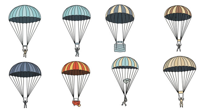 Various parachutes with figures descend from the sky, showcasing.