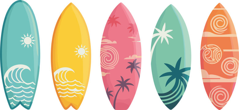 Surfboard collection vector, colorful summer beach boards with wave and palm designs, tropical surf illustration set