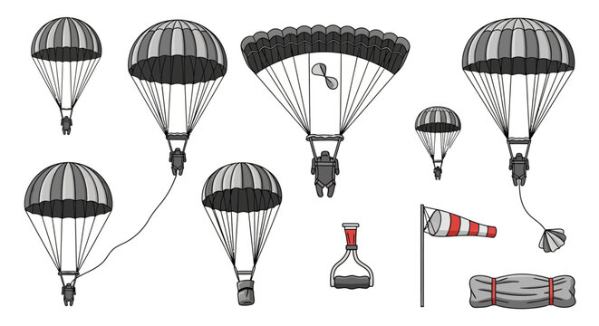 Various parachute types and windsock illustrate aerodynamic principles.