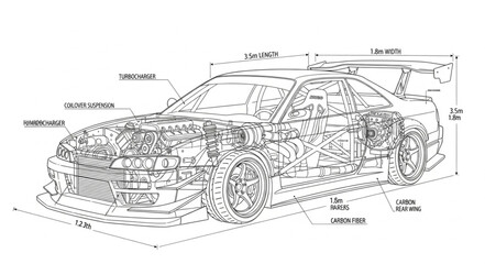 Detailed Technical Drawing of a Sports Car. © Asuu