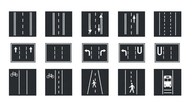 Collection of various road markings and traffic signs illustration.