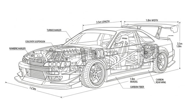 Detailed Technical Drawing of a Sports Car.
