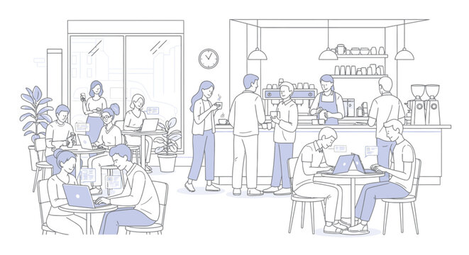 Line drawing of people working and socializing in a modern cafe with tables and a counter.