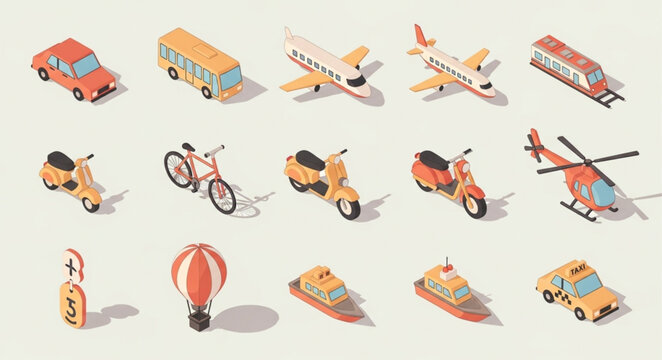 Collection of isometric transportation vehicles and objects.