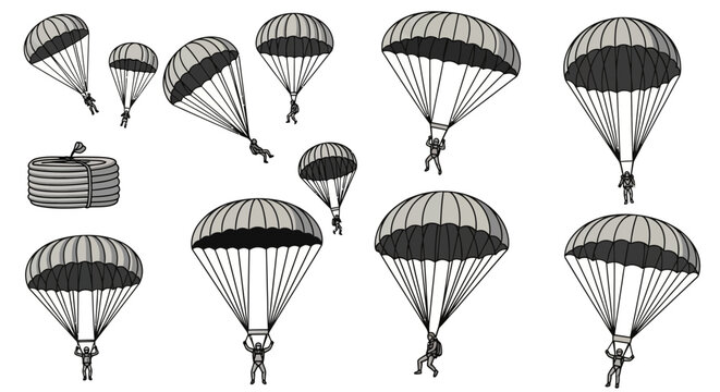 Parachuting figures descend with deployed canopies against white.