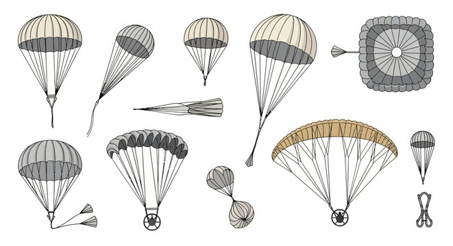 Diverse parachute designs are depicted in a collection of illustrations.