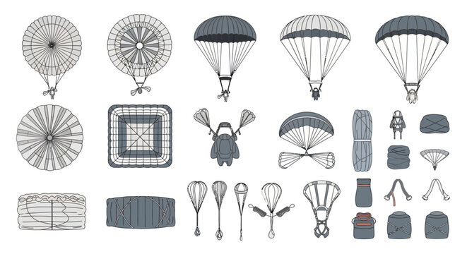 Detailed illustration of parachute components and packed systems.
