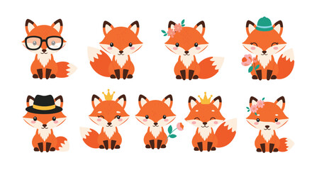 Obraz premium Cute collection of cartoon foxes with various accessories like glasses, crowns, hats, and flowers in different poses.