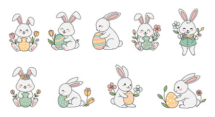 Obraz premium Set of adorable cartoon easter bunnies holding decorated eggs and spring flowers in various sweet poses for holiday greeting cards.