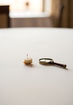 Conceptual image of a magnifying glass investigating a tiny bread crumb