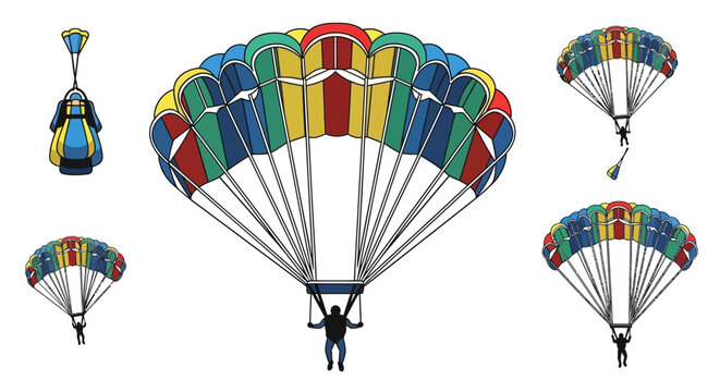 Colorful parachute illustration features a skydiver in mid-air descent.