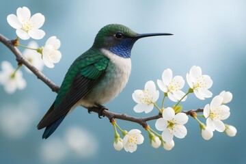 Obraz premium Vibrant hummingbird perched on blossoming cherry branch with soft light blue background, symbolizing spring beauty and nature's elegance. Ai generative