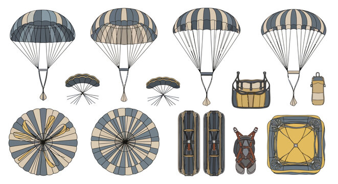 Vintage parachute designs display various components and deployed.