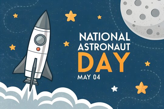 A delightful and vibrant illustration celebrating National Astronaut Day on May 4th, featuring a charming cartoon rocket launching into a dark blue starry night sky. A friendly, detailed moon oversees