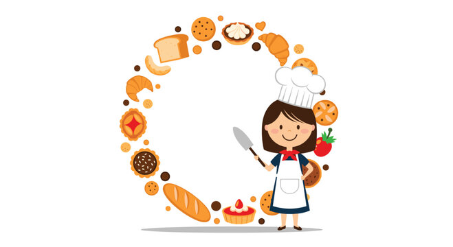 Circular frame of baked goods featuring a cute female baker character holding a cake server and surrounded by pastries.
