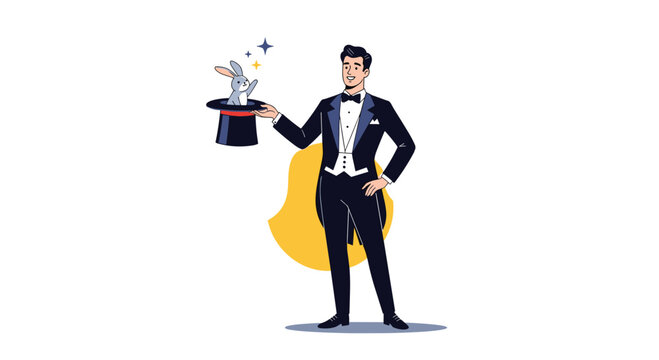Professional magician in a classic black tuxedo performing a magic trick by pulling a rabbit out of his top hat.