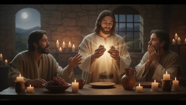 Jesus Christ breaking bread at Supper at Emmaus. Biblical scene of disciples at candlelit table. Miracle of light and revelation. Religious concept of faith and communion