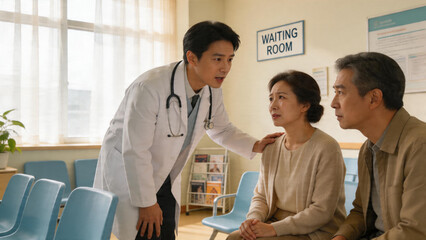 Obraz premium Empathetic Asian Male Doctor Comforting Distressed Senior Couple in Hospital Waiting Room, Providing Support and Medical Updates with Compassion and Care in a Bright Clinical Environment