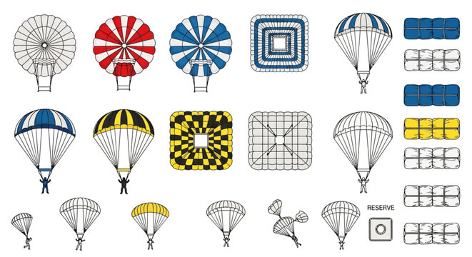 Diverse parachute styles and components are illustrated with detailed.