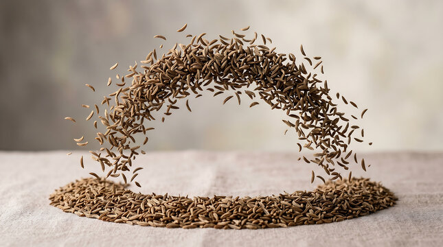 macro photography of cumin seeds flying in an arc motion over a heap highlighting aromatic cooking spice ingredient for culinary seasoning and healthy organic nutrition
