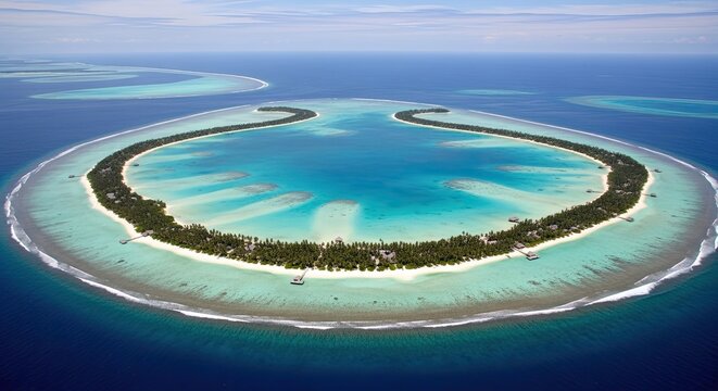 Aerial view of circular tropical atoll with turquoise lagoon