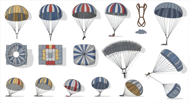 Detailed set of modern parachute components and folded canopy for.