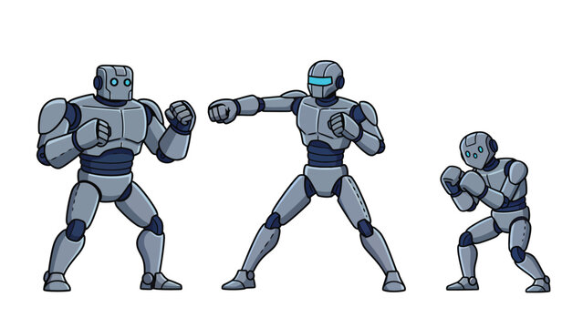 Robot Fighters Set: Three Androids in Dynamic Combat Poses, Isolated on White Background