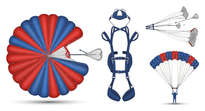 Collection of illustrations depict parachutes and skydiving equipment.