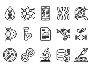 Fototapeta premium Genetic Engineering and Biotechnology Line Icon Set - DNA, CRISPR, and Lab Research Symbols