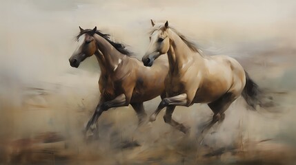 Fototapeta premium Two majestic horses galloping through a dusty field in oil painting style
