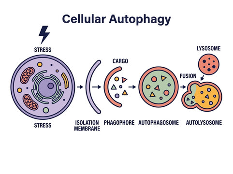 Medical Vector Illustration of Cellular Autophagy Process: Step-by-Step Diagram Showing Phagophore, Autophagosome, and Autolysosome Formation under Stress